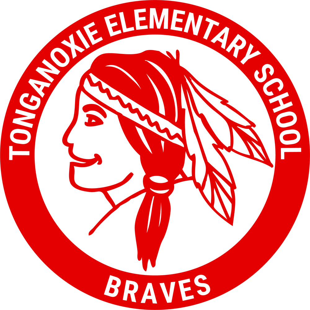 Red and white logo with Tonganoxie Elementary School Braves text and Native American brave in the middle