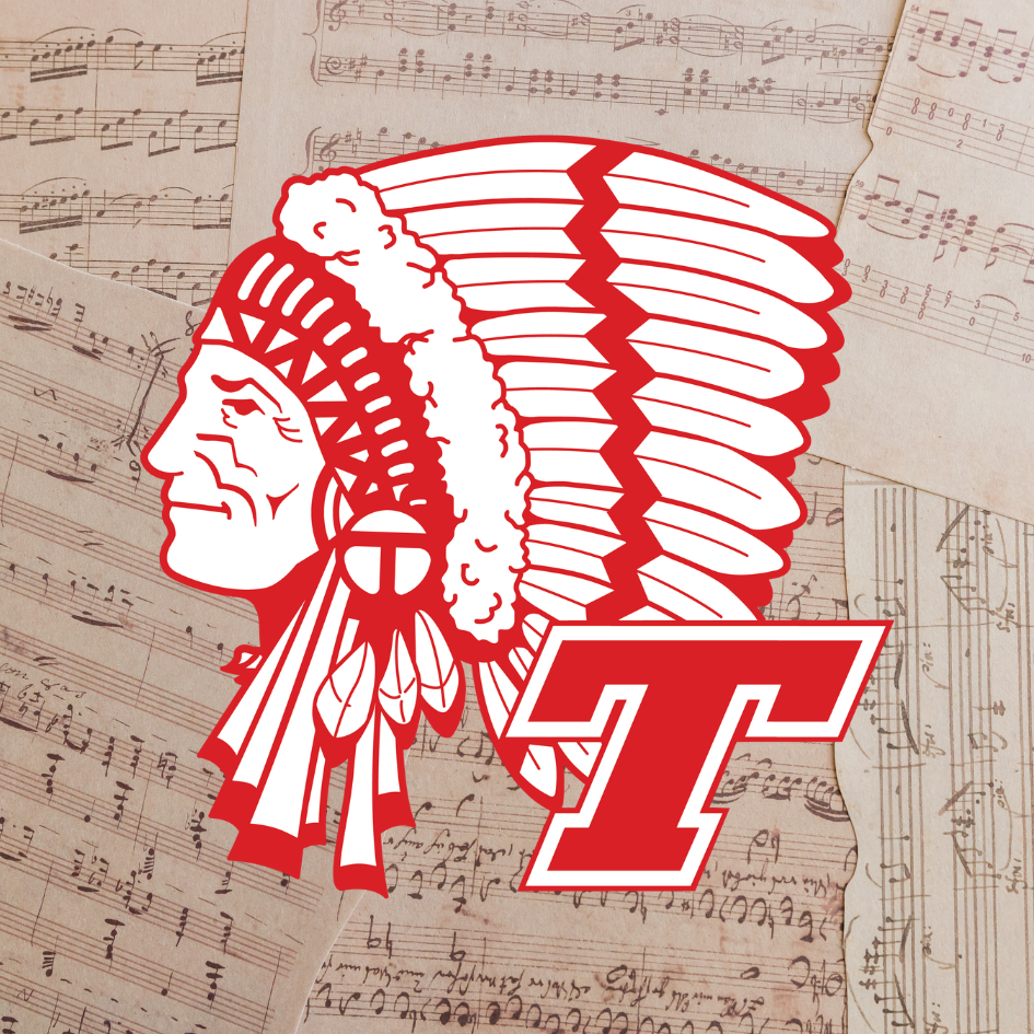 sheet music background with red Chieftain logo with Power T