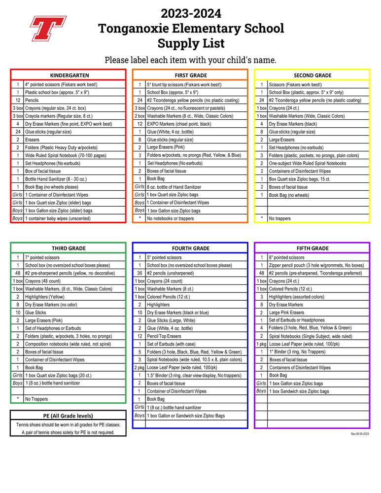 20232024 TES School Supply List Tonganoxie Elementary School