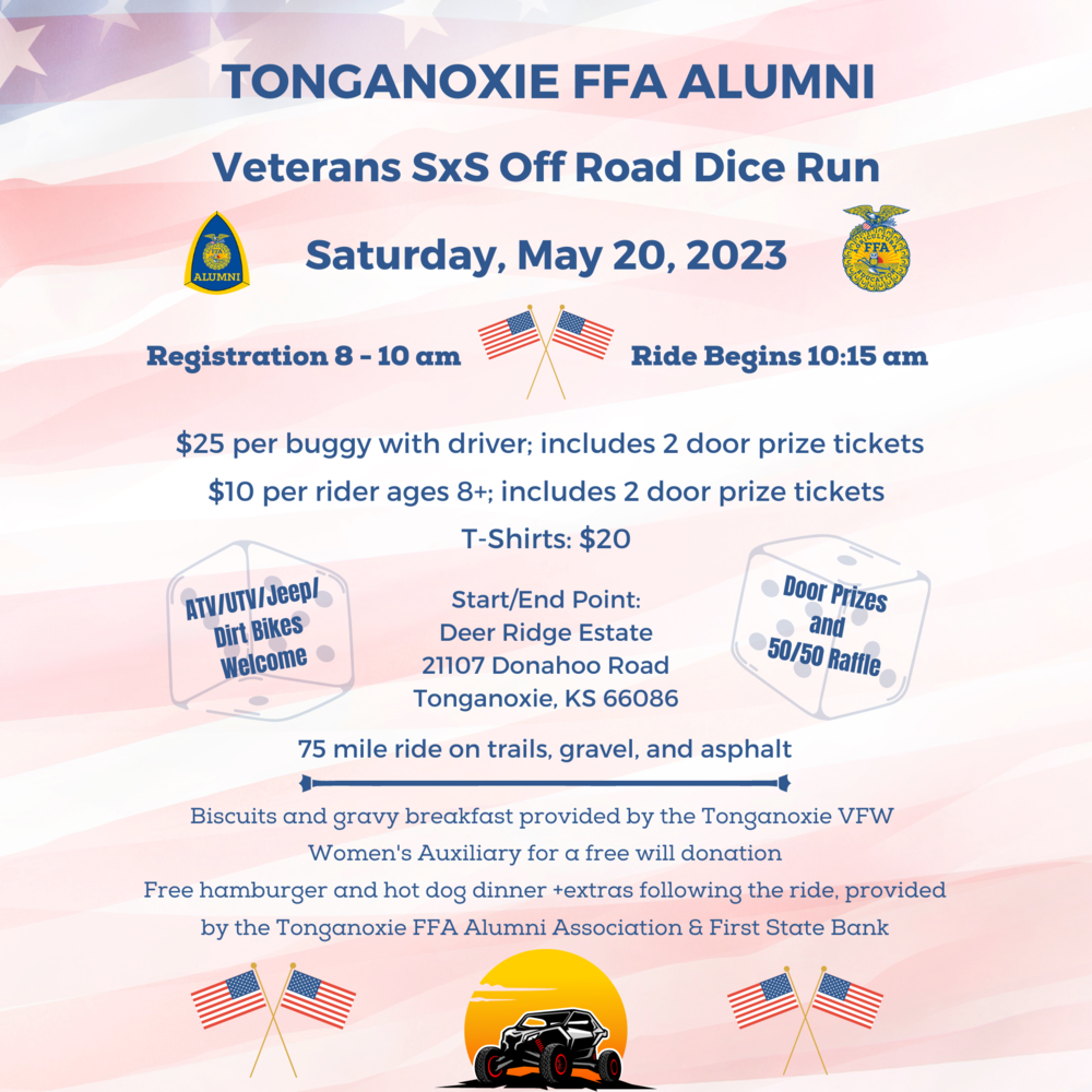 red white and blue background with blue informational text, small American flags, and FFA Alumni and FFA logos