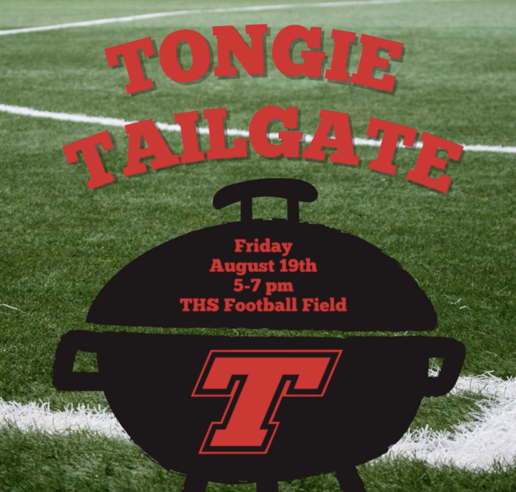 Save the Date Friday Aug 19th Tongie Tailgate Aug 19th 5-7 (Text on a grill)