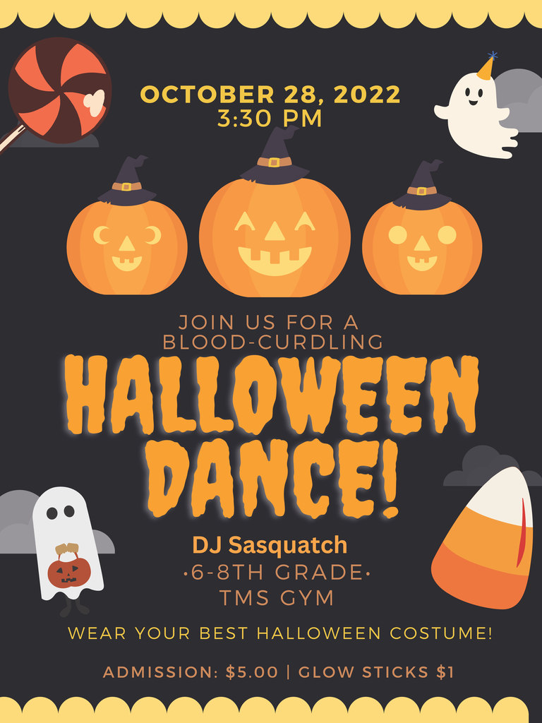 Flyer with pumpkins and ghosts describing time and place of Halloween dance