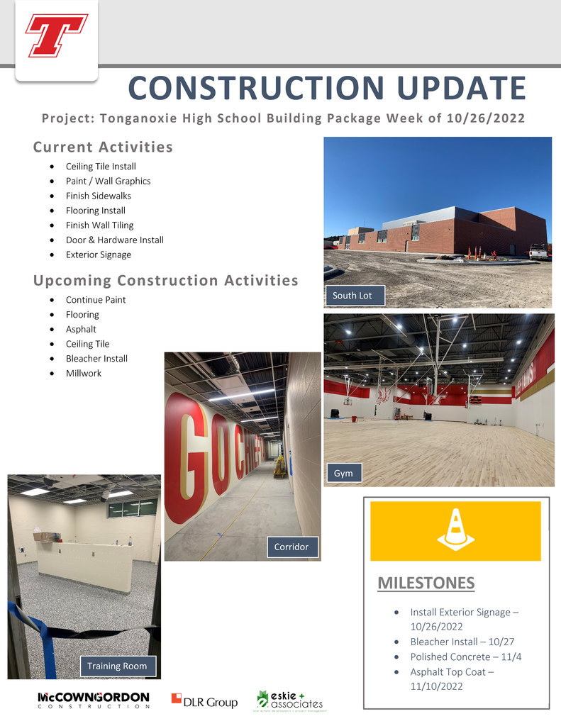 Graphic flyer depicting four photos of a high school under construction