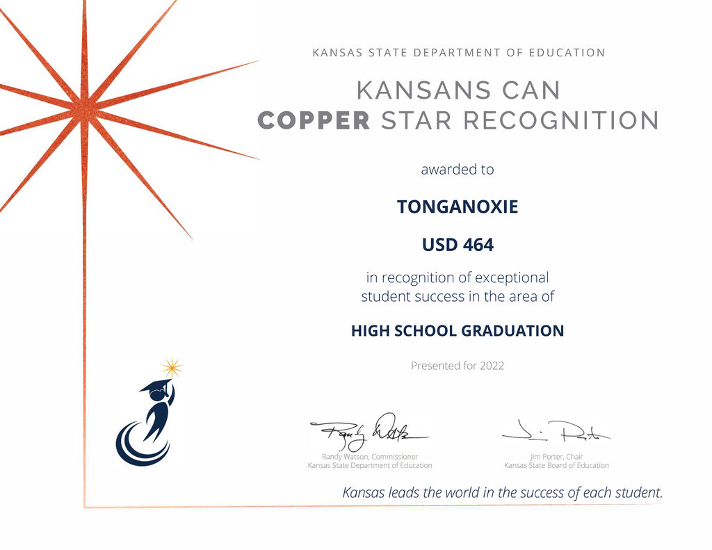 Certificate denoting copper starburst on white background with blue font