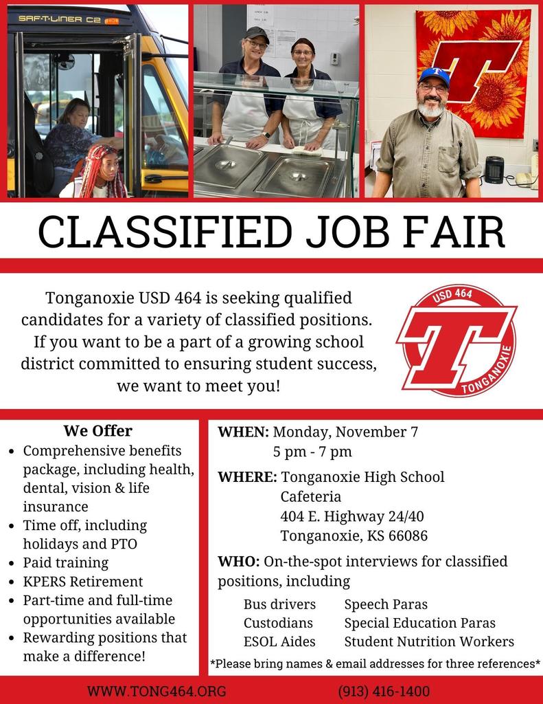 Red, black and white flyer depicting time and place for job fair