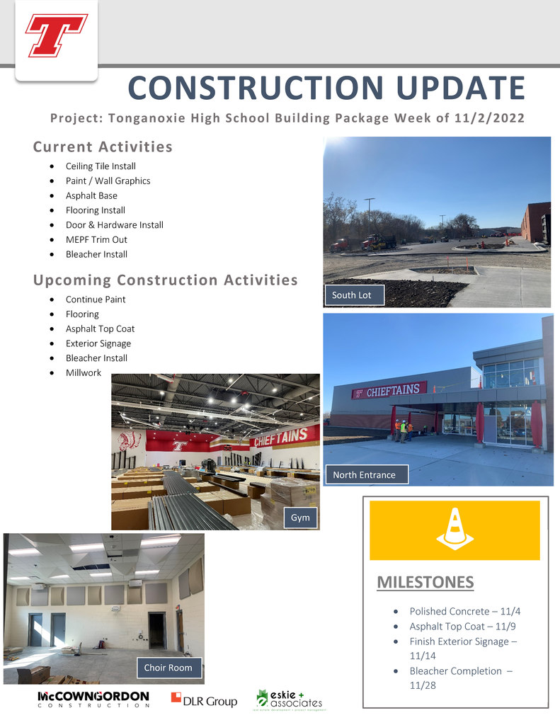 Graphic flyer depicting new gym construction, a parking lot, the front of the high school with the new red Chieftains sign, and a list of current projects