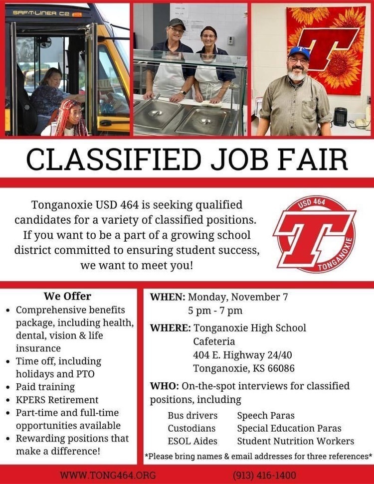 Graphic flyer advertising job fair. The top of the flyer depicts a school bus driver, two student nutrition workers in a cafeteria, and a man standing in front of a sunflower painting. 