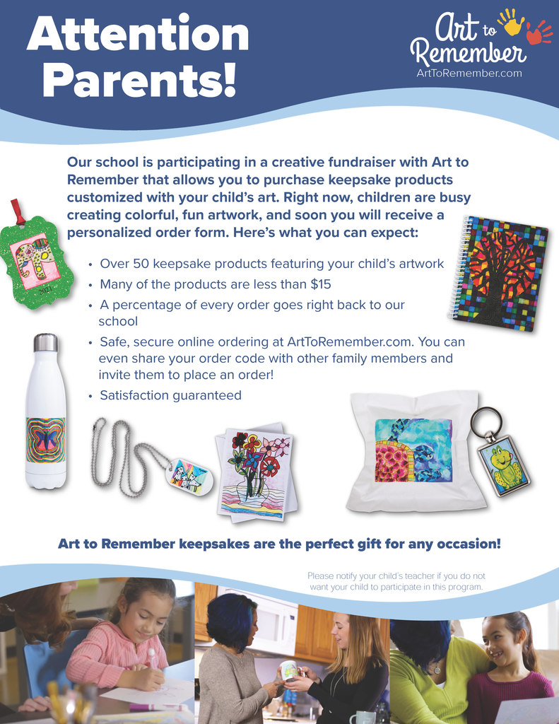 Text flyer with pictures of items that can be customized with art, including water bottles, key chains, notebooks