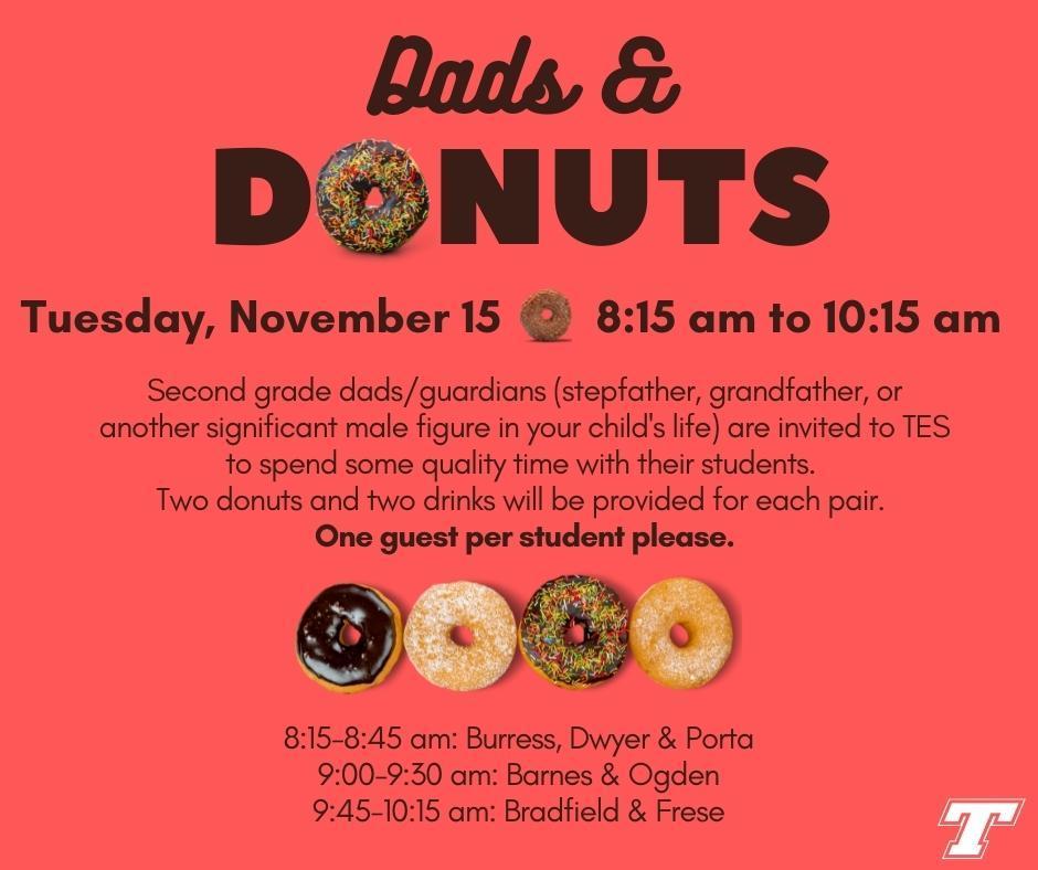 Red background, black text. Black text says date, time and info about the event. Four glazed donuts at the bottom.