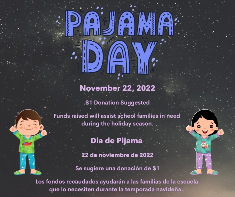 Starry black background with text regarding pajama day. Clip of a child in pajamas is in the left hand and right hand corners.
