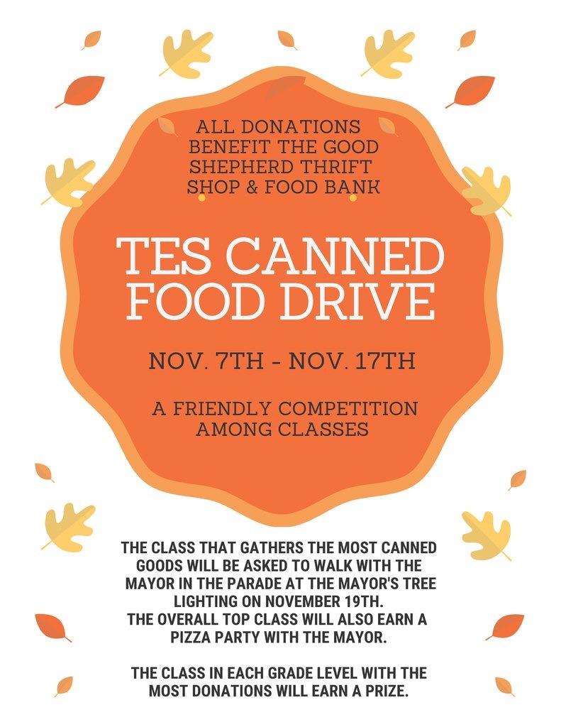 White flyer with large orange circle containing text about food drive. Yellow and orange autumn leaves are scattered about the page.
