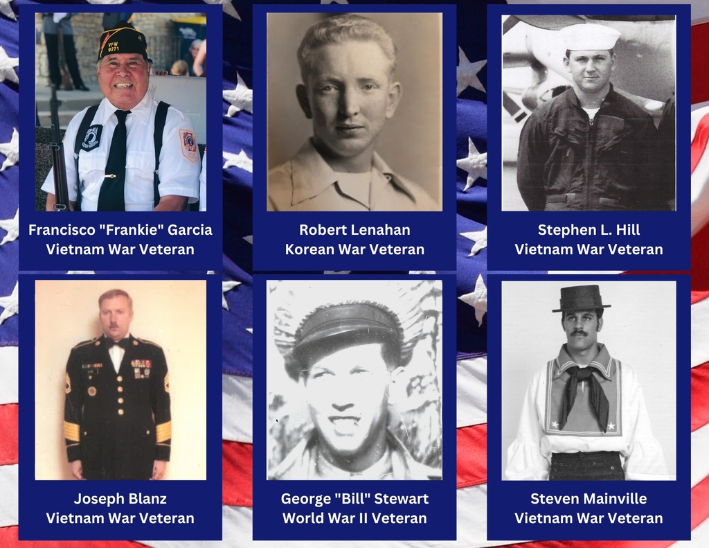 Six photos of men in military uniforms on a red white and blue background
