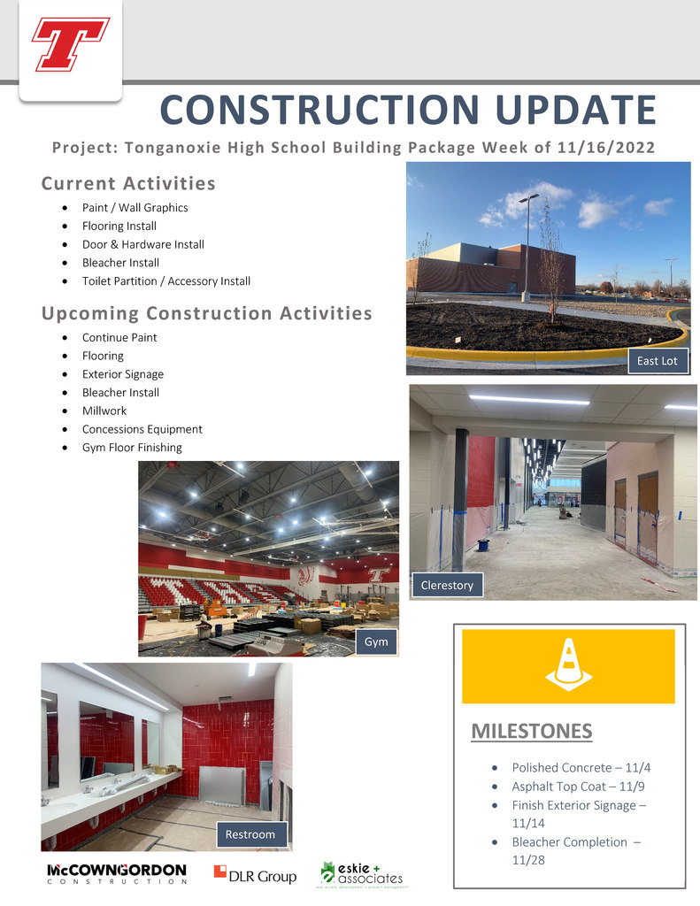 Construction update featuring bathroom with red tile, gymnasium under construction, and hallway with flooring being put down