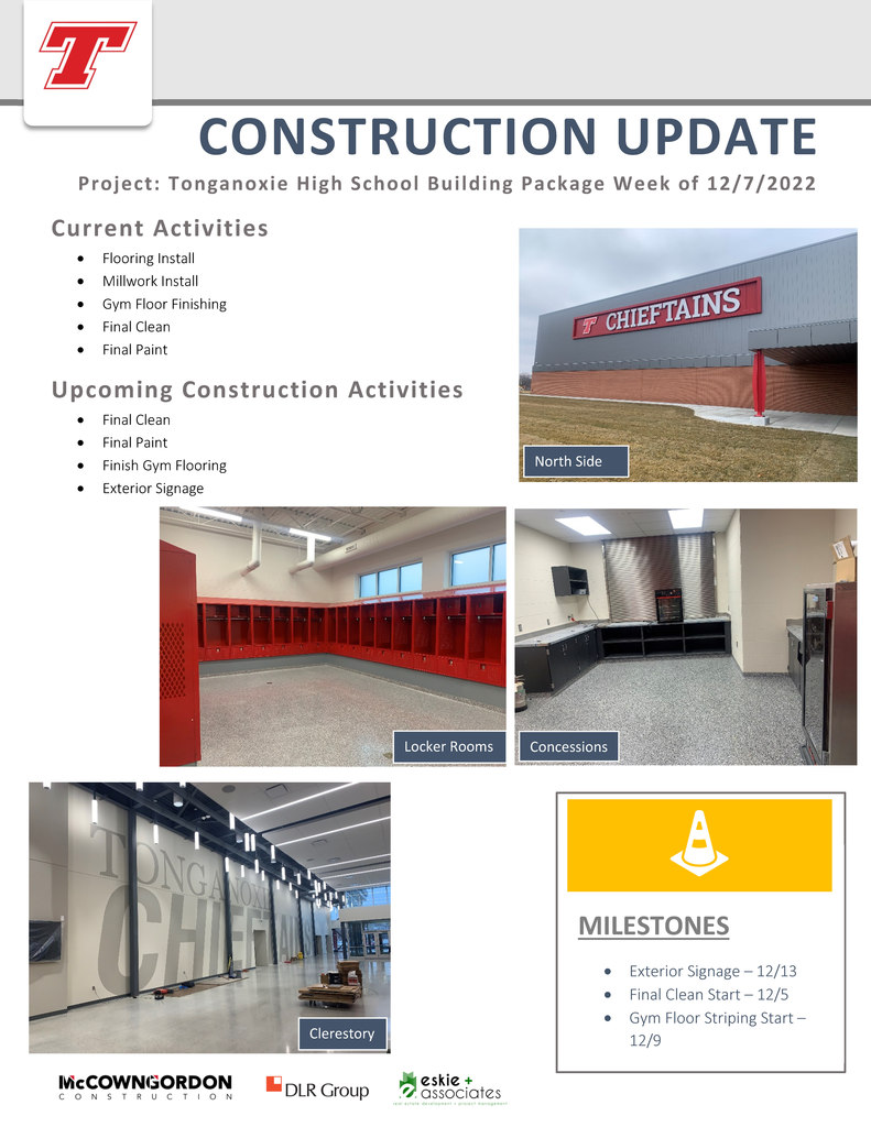 white flyer with red Tongie T, restroom, locker room, clerestory, exterior signage