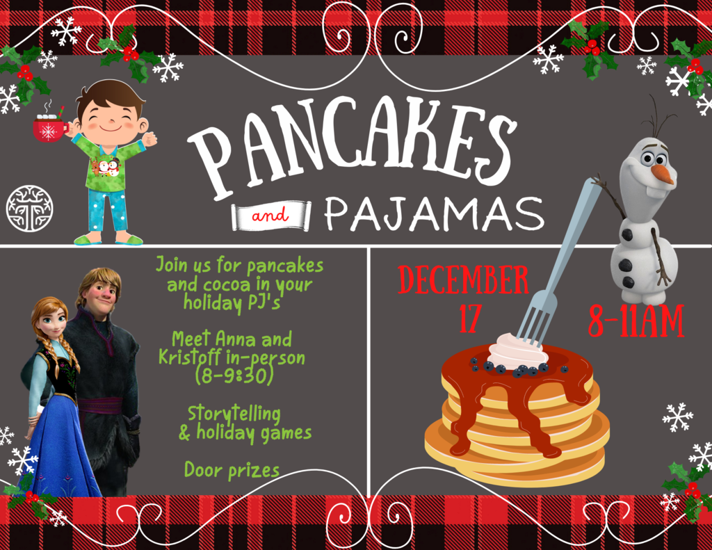 gray background with red and black plaid border. clip art of Anna and Kristoff, pancakes with syrup, Olaf the Snowman, and a child wearing pajamas holding a cocoa mug