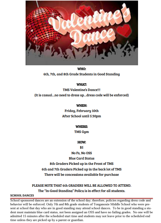 Valentine's Dance flyer with red disco ball and pink text at the top; black text underneath