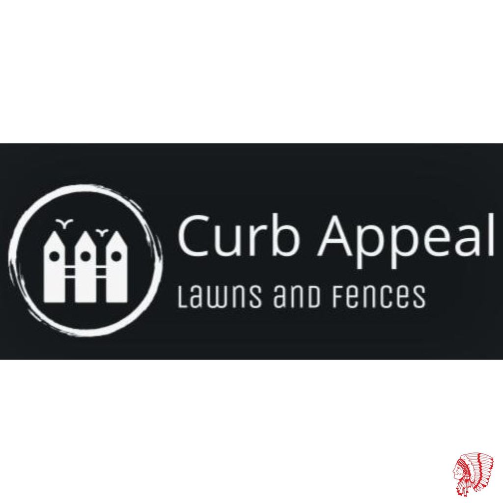 Black Curb Appeal Lawns and Fences logo with white picket fence posts