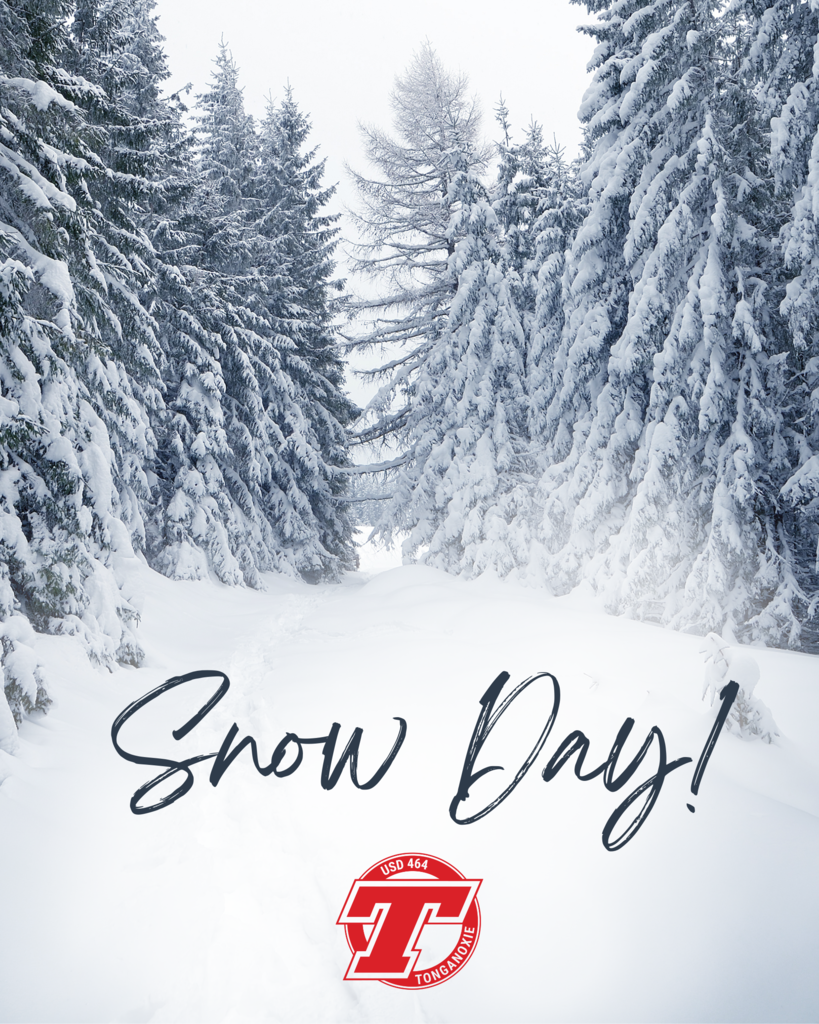 evergreen trees covered in snow, red USD 464 logo