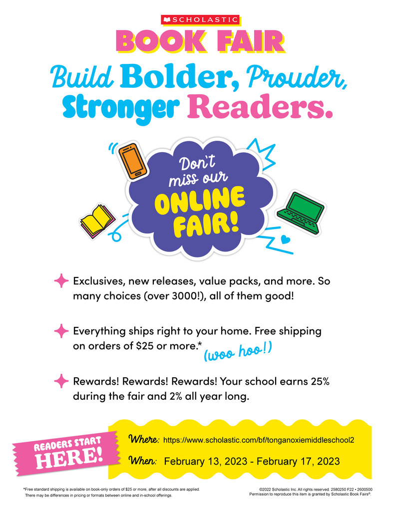 book fair flyer. pink and blue text