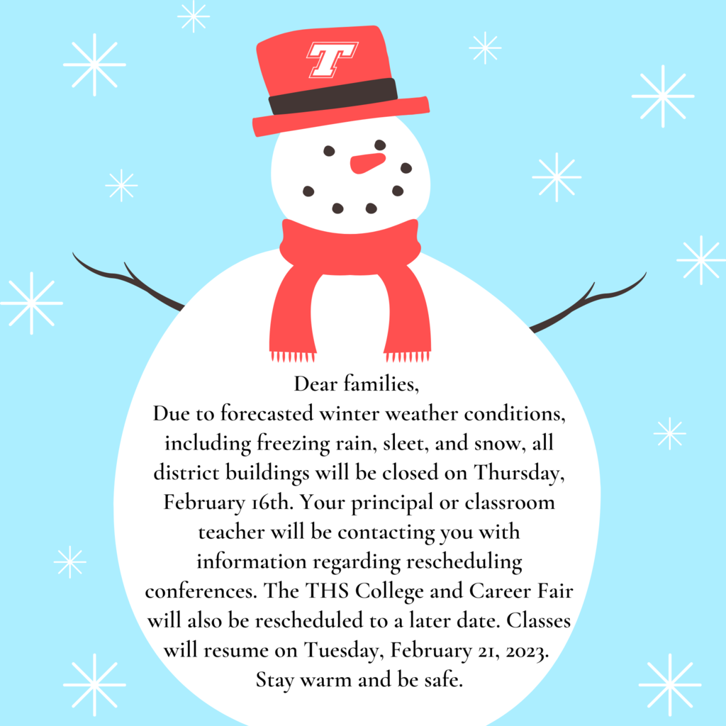 snow man wearing red hat with white T on it. blue background with white snowflakes