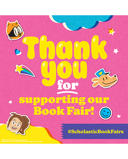 pink background yellow text "Thank you for supporting our book fair"