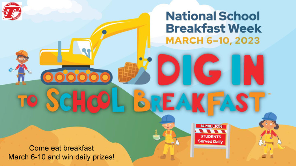 national school breakfast flyer with bulldozer on cartoon construction site