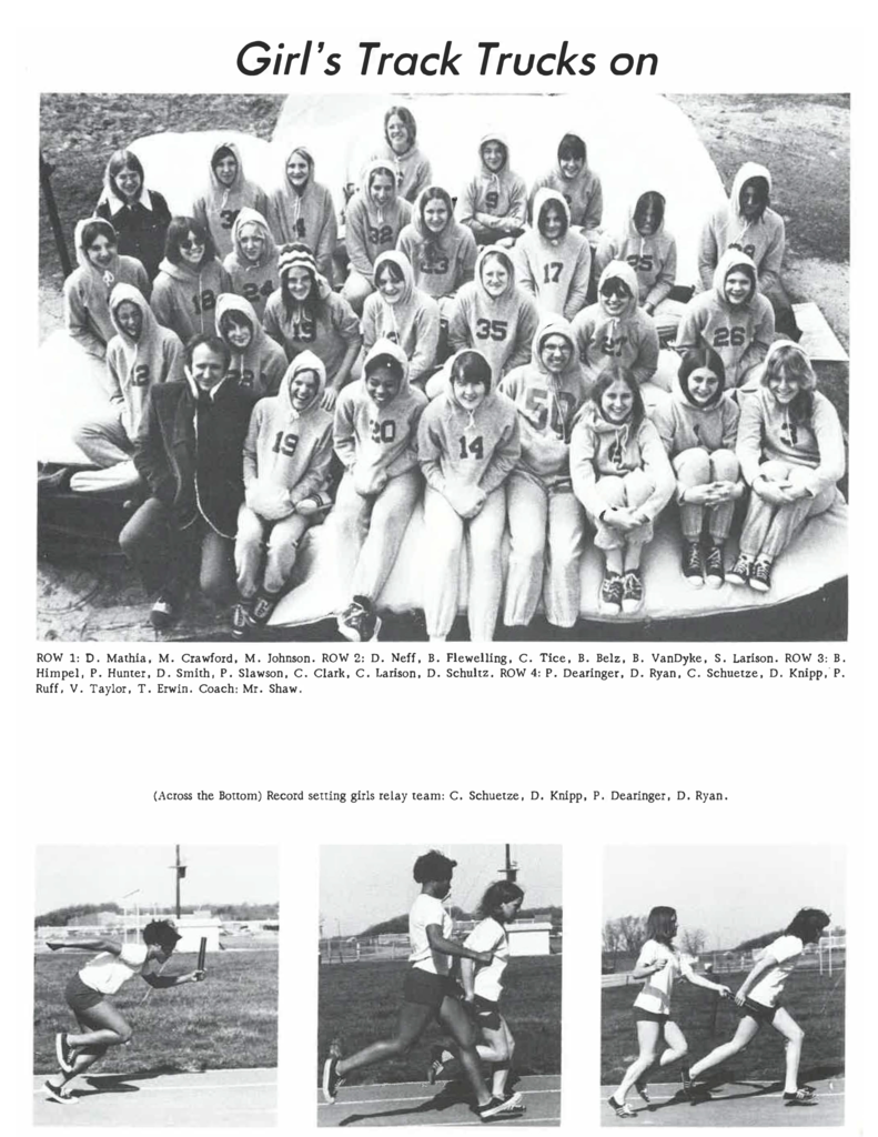 black and white yearbook of 1975 girls track team