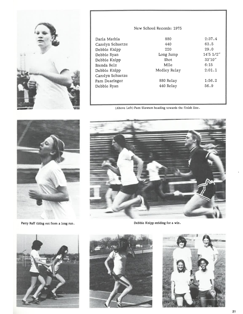 black and white yearbook page of the 1975 THS girls track team