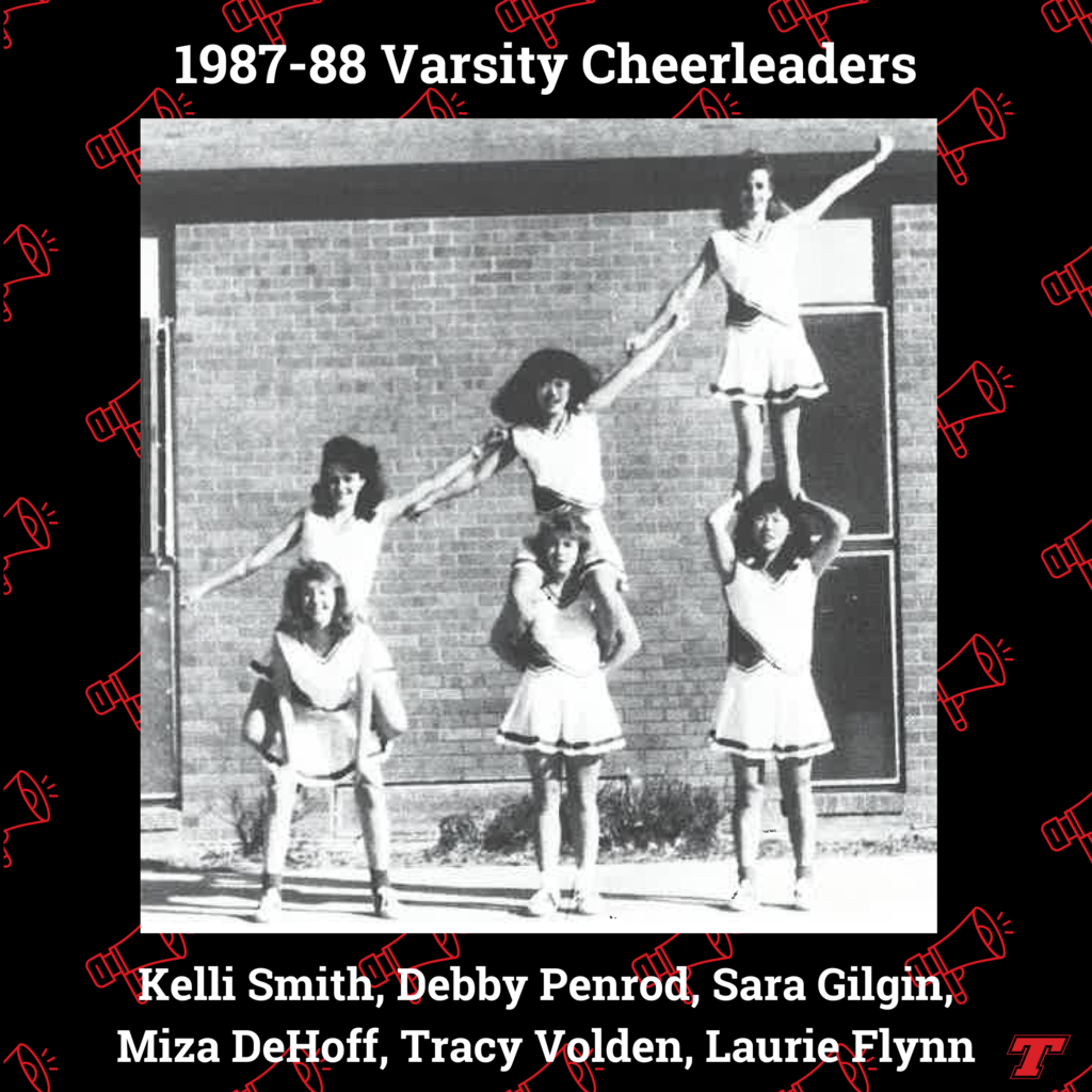 black background red megaphones black and white photo of six cheerleaders performing a stunt