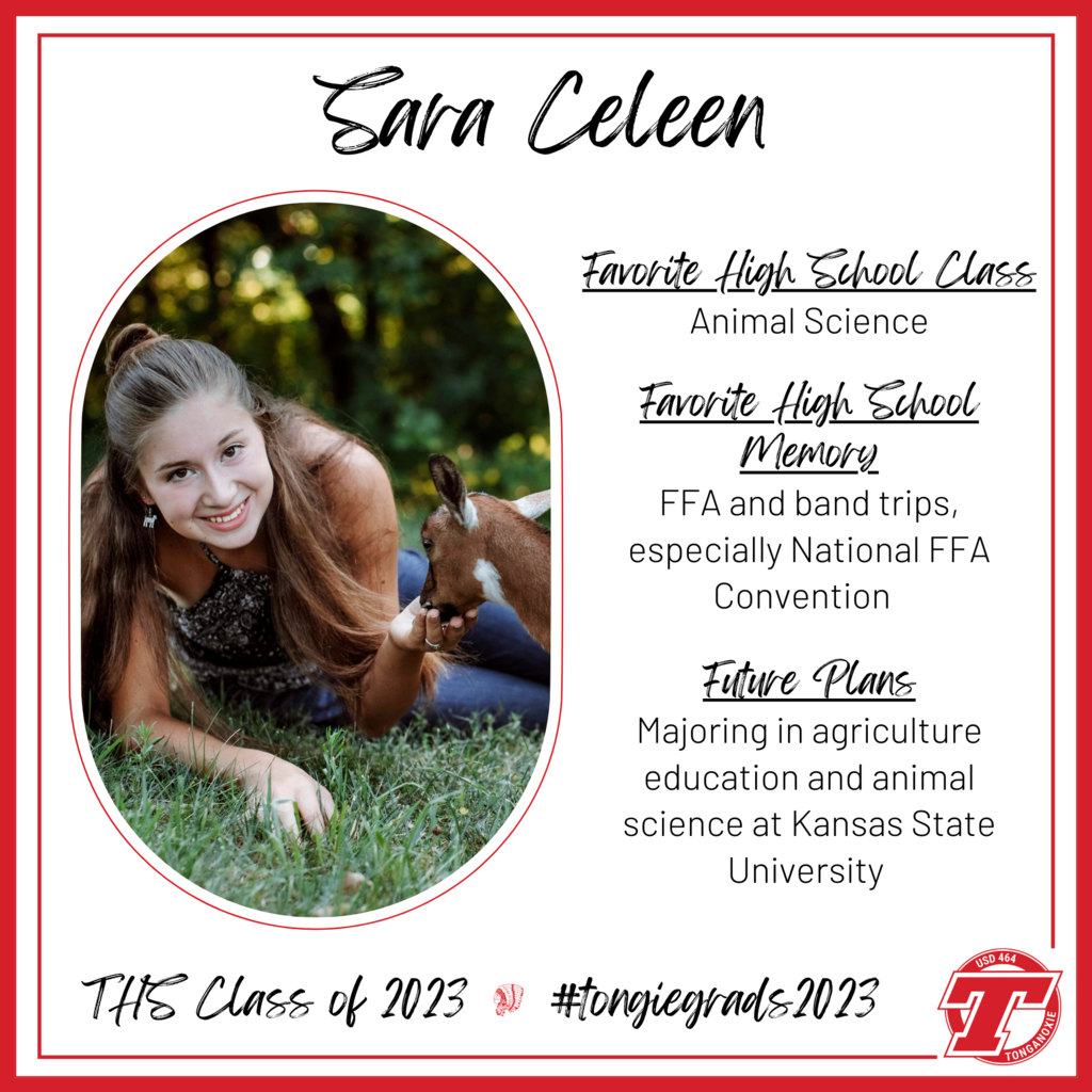 Sara Celeen and baby goat; red border, black text, red power t district logo in bottom right corner