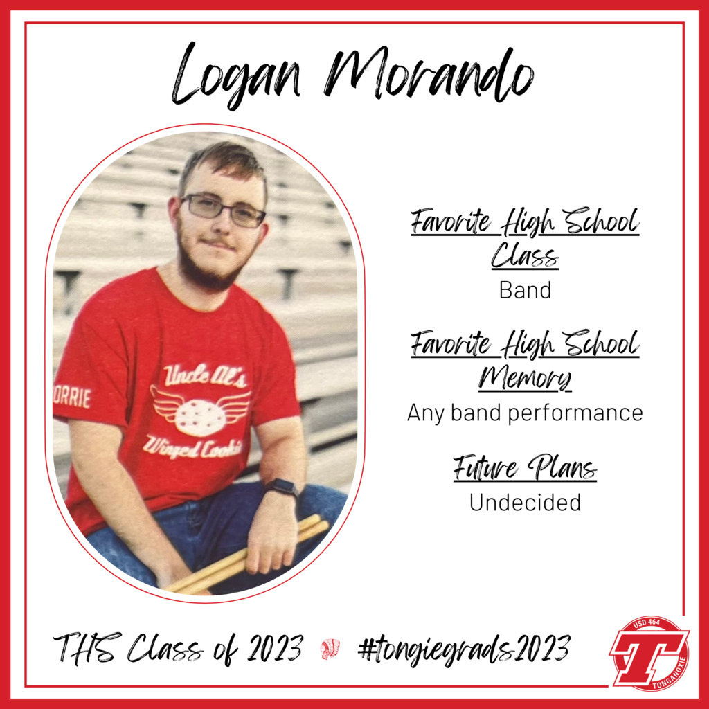 Logan Morando wearing red shirt and holding drumsticks, red border, black text, red power t district logo in bottom right corner