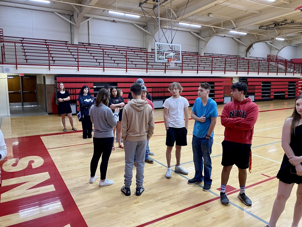 Mrs. Hoopes talks to students as they line up in the auxiliary gym