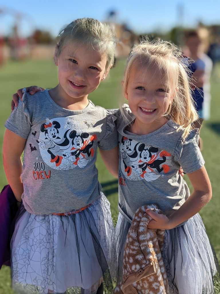 two students wearing gray Mickey and Minnie Halloween dresses