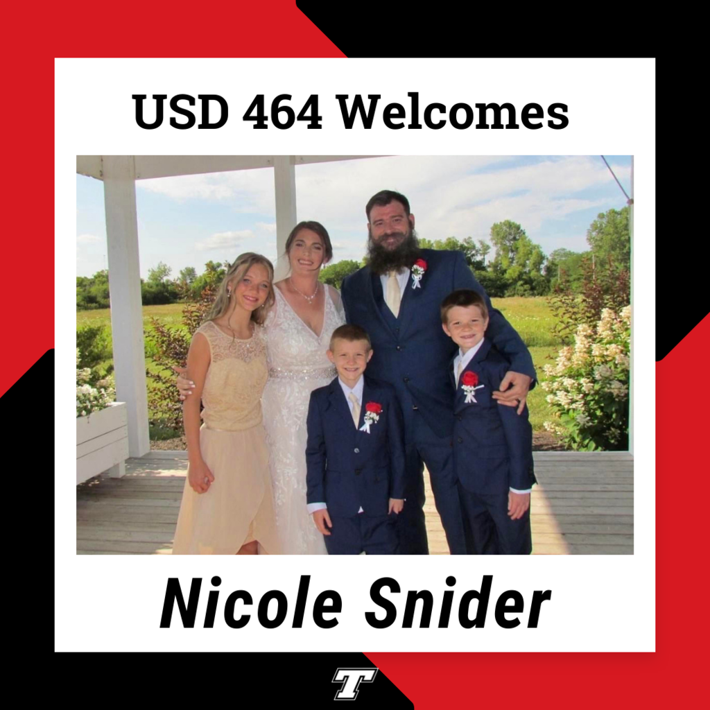 black and red background with white box containing image of three children, woman wearing wedding dress, and man wearing suit