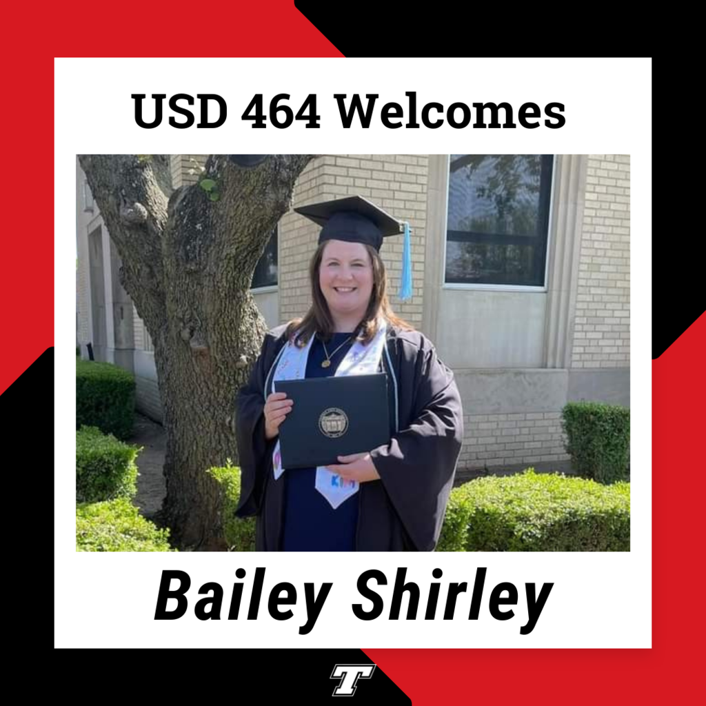 black and red background with white box containing image of woman wearing black graduation cap and gown, standing in front of a tree